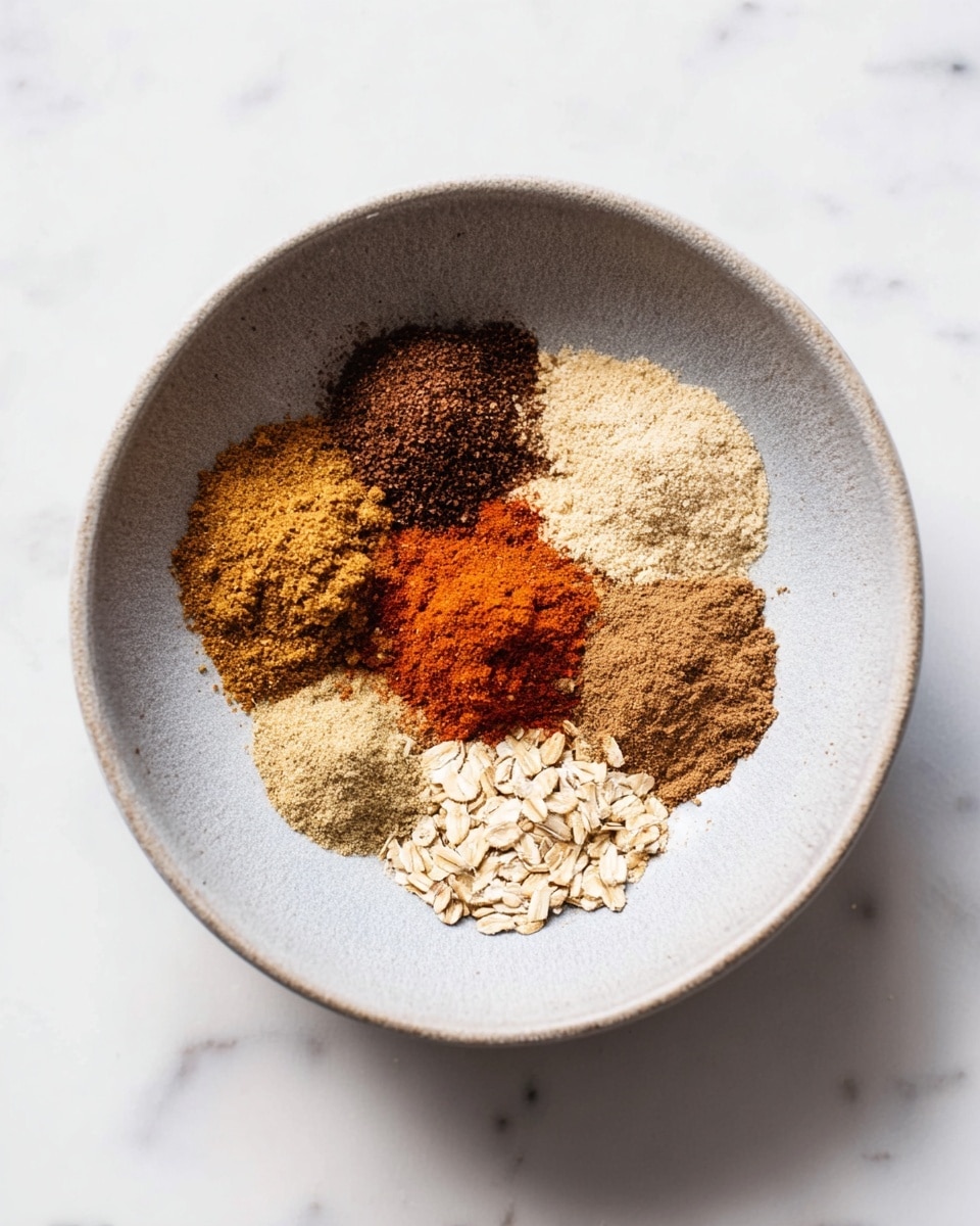 In a light gray bowl, six small piles of different spices and oats are arranged in a circular pattern. Starting from the top left and moving clockwise, the first pile is dark brown and fine, the second is a light beige powder, the third is a bright orange powder, the fourth is a light brown powder, the fifth is a darker brown powder, and the sixth is a small heap of beige oat flakes. The bowl sits on a white marbled surface. photo taken with an iphone --ar 4:5 --v 7