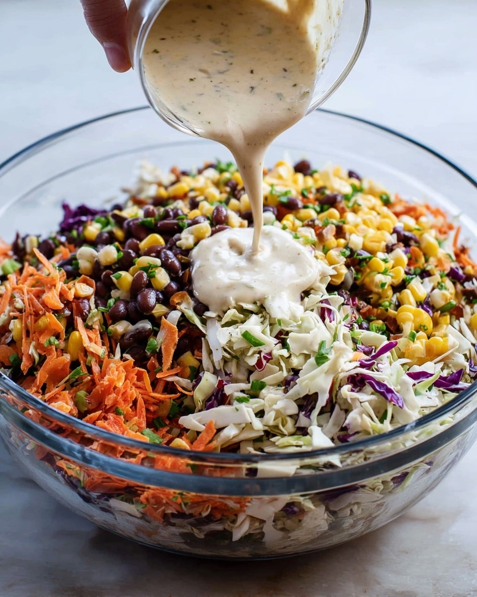 A clear glass bowl sits on a white marbled surface, filled with a colorful mix of shredded white and purple cabbage, bright orange carrot pieces, dark brown beans, yellow corn kernels, and chopped green onions, all mixed together with visible small green herbs. A creamy light beige dressing is being poured into the center from a measuring cup held by a woman's hand above. The salad layers show varied textures with crunchy vegetables and beans beneath the smooth, flowing dressing. Photo taken with an iphone --ar 4:5 --v 7