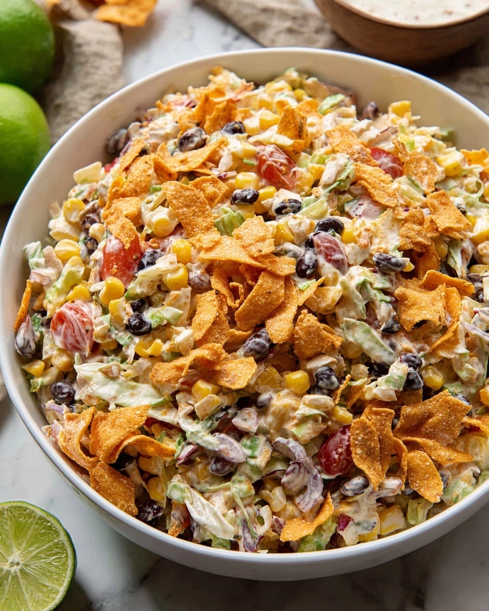 A large white bowl is filled with a colorful mix of salad layers, including creamy white shredded cabbage, bright yellow corn kernels, black beans, small red tomato pieces, and green pepper bits, all mixed with crispy orange curled chips on top and throughout. The salad has a creamy dressing coating it all, making it shiny. The bowl is placed on a white marbled textured surface with half a lime visible to the left and part of a white bowl of sauce in the background. photo taken with an iphone --ar 4:5 --v 7
