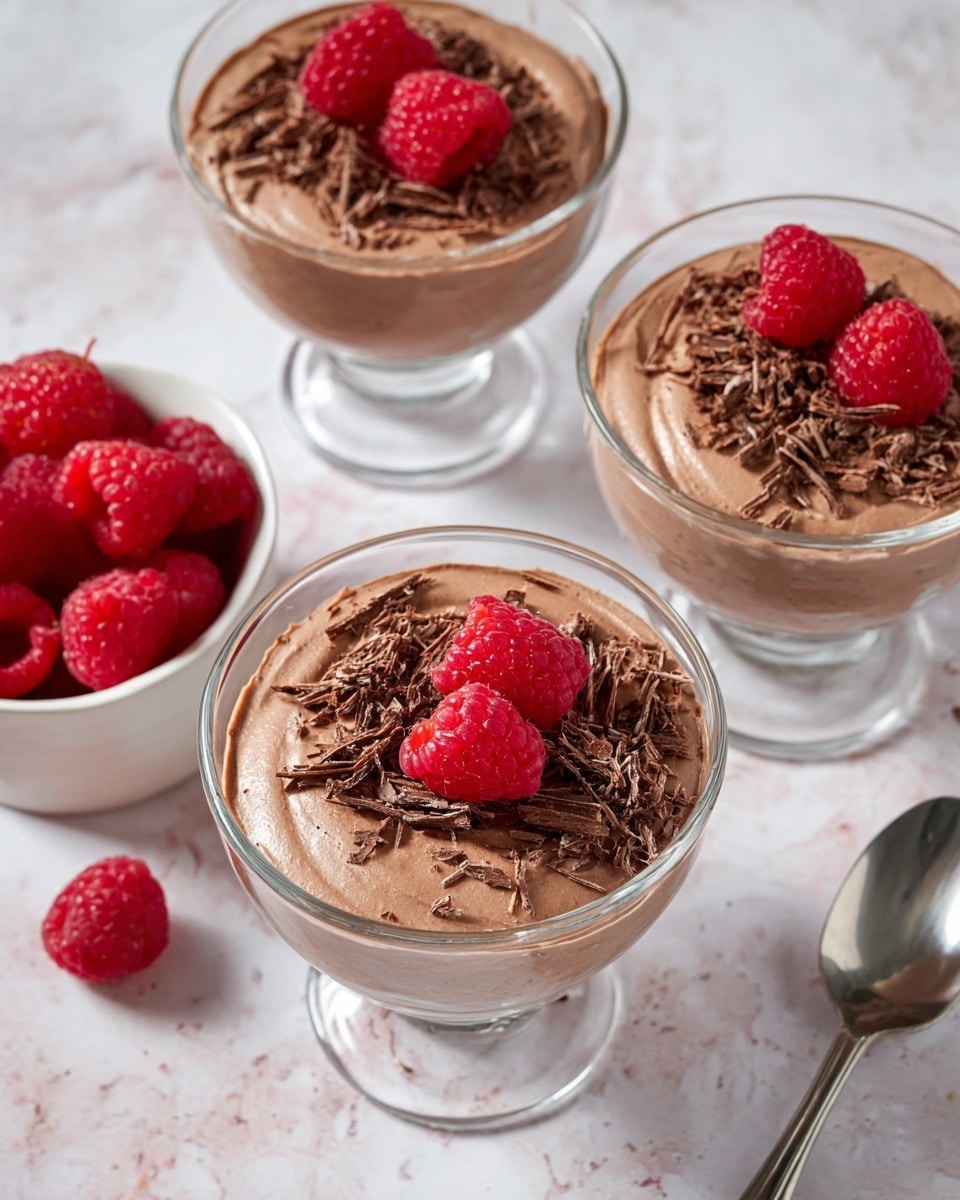 Three clear glass dessert cups filled with smooth chocolate mousse are shown from above on a white marbled surface. Each cup has a thick layer of light brown, creamy mousse topped with thin chocolate shavings in the center. Two fresh red raspberries sit on the chocolate shavings on each mousse, forming a small cluster near one edge. A small white bowl filled with several red raspberries is positioned to the left side of the image. A silver spoon is placed on the right side, partially visible near the bottom right corner. Photo taken with an iphone --ar 4:5 --v 7