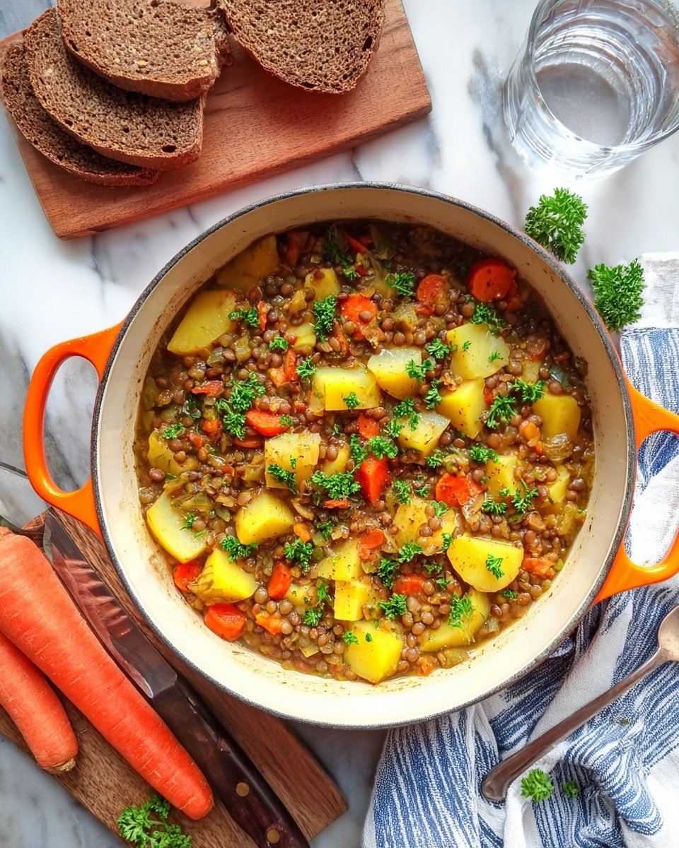 A white pot with orange handles holds a lentil stew filled with many layers of colorful ingredients including brown lentils, bright orange carrot slices, yellow potato chunks, and scattered green parsley pieces on top. Around the pot, there are pieces of a large carrot on a wooden cutting board with a knife, a white and blue striped towel underneath the pot, and slices of dark brown bread nearby on a white marbled surface, with a clear glass of water above. photo taken with an iphone --ar 4:5 --v 7