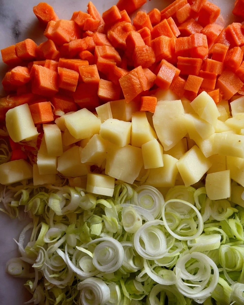 The image shows three layers of chopped vegetables on a white marbled surface, arranged closely together. At the top left, there is a layer of small, bright orange carrot pieces with a firm texture. To the right of the carrots, there is a layer of cubed, pale yellow potatoes with a smooth surface. At the bottom, there is a layer of thinly sliced light green and white leeks, creating a curly and layered texture. The vegetables are fresh and neatly placed side by side, filling the frame with their vibrant colors and natural shapes. Photo taken with an iphone --ar 4:5 --v 7