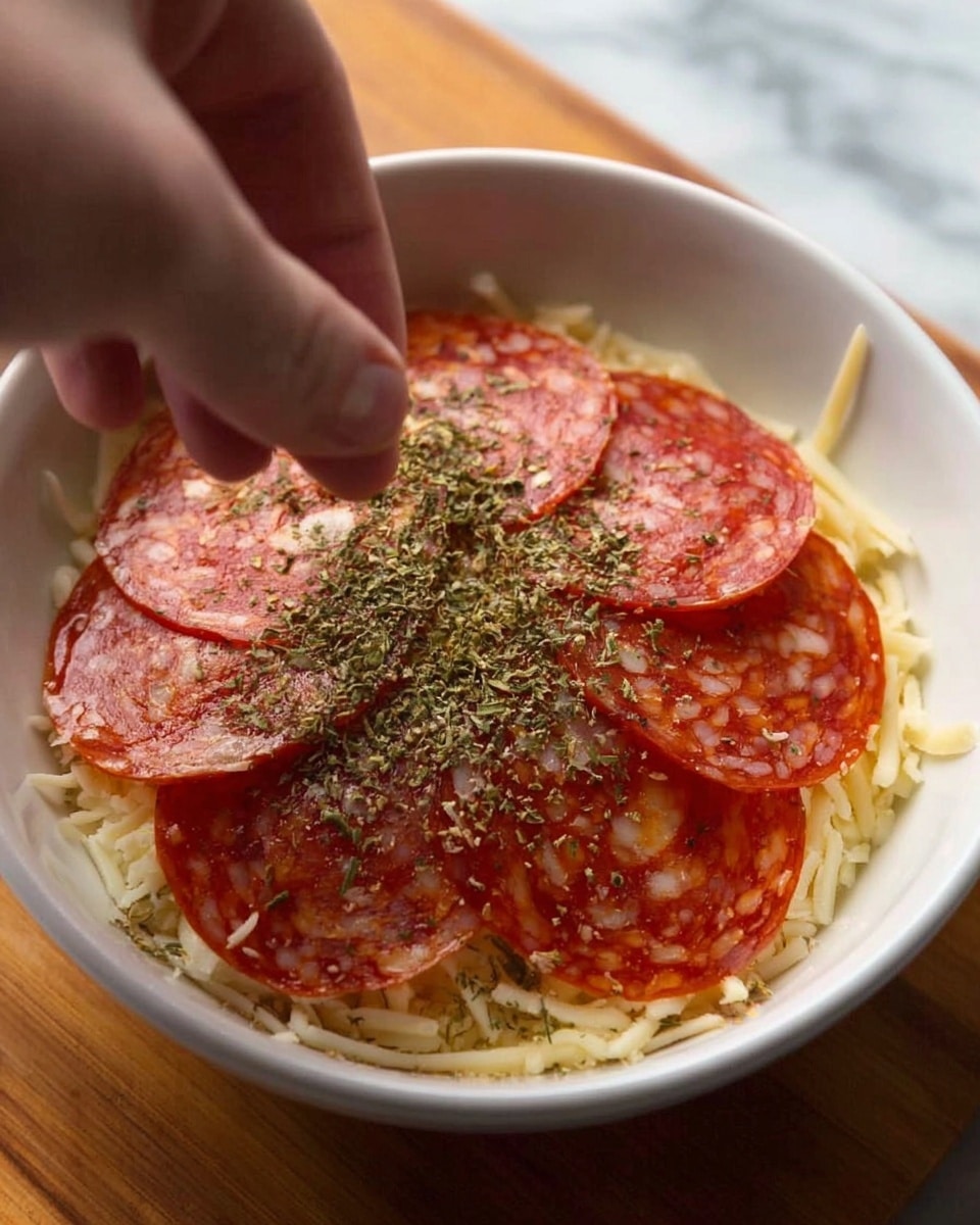 A white bowl sits on a white marbled surface, filled with a base layer of pale yellow shredded cheese. On top of the cheese, there are several overlapping slices of red and orange pepperoni with visible white fat dots. A woman's hand sprinkles a light green dried herb over the pepperoni, adding a textured, leafy layer. The background shows a blurred wooden cutting board beneath the bowl. Photo taken with an iphone --ar 4:5 --v 7