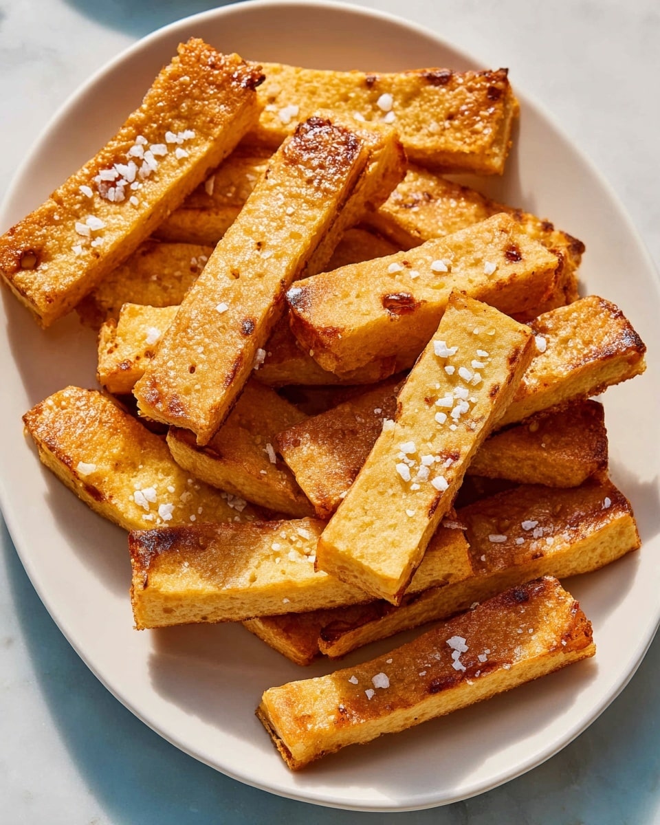 The image shows a white plate filled with many rectangular pieces of food that are golden brown with a slightly crispy texture. Each piece is topped with coarse white salt crystals scattered unevenly over the surface. The pieces are stacked loosely on the plate, showing their thickness and crispy edges. The plate sits on a white marbled textured surface with soft natural light highlighting the warm colors of the food. photo taken with an iphone --ar 4:5 --v 7