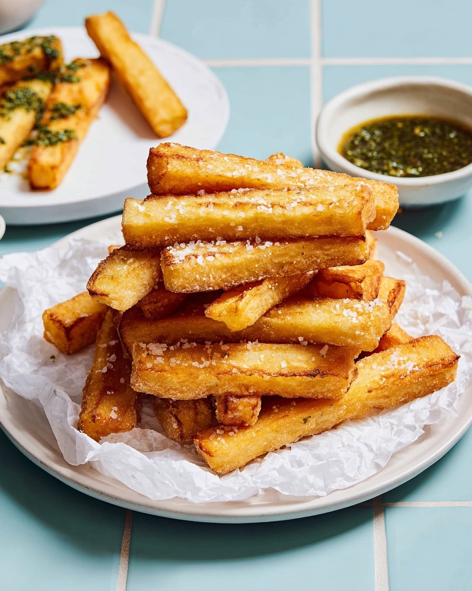 A stack of golden fried sticks with a slightly rough texture sprinkled with white salt crystals sits on a white plate lined with crinkled white parchment paper. Each stick shows a crispy outer layer with some browning around the edges, arranged unevenly but piled high in the center of the plate. Behind the plate, a small bowl filled with a dark green, coarse sauce, likely a dip, rests on a pastel blue tiled surface. To the left, part of a white plate holds two pieces of the fried sticks topped with more of the green sauce. The scene is set on a white marbled texture background. photo taken with an iphone --ar 4:5 --v 7