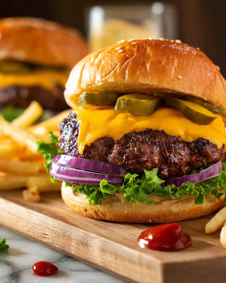 A close-up view of a classic cheeseburger on a soft, golden brown bun with a slightly shiny top layer. The bottom layer shows fresh curly green lettuce that looks crisp, followed by thin slices of purple onion with a smooth texture. Above the onions, there is a thick, juicy grilled beef patty with a dark, slightly charred surface. Melted bright orange cheddar cheese drapes over the patty, topped with several green pickle slices that have a shiny and ridged surface. The burger sits on a light wooden board with some golden French fries scattered to the left and small dollops of red ketchup spread on the board in front. The background is softly blurred with warm tones, and everything is set on a white marbled surface. Photo taken with an iphone --ar 4:5 --v 7