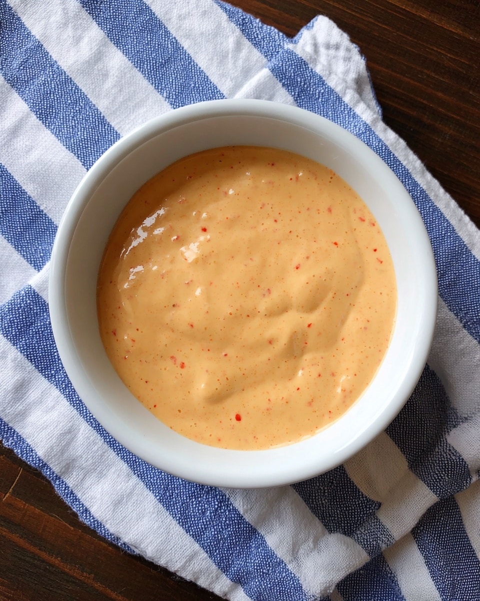 A white bowl filled with a smooth, light orange creamy sauce with tiny red specks spread evenly across the surface. The bowl is placed on a blue and white striped cloth, all set on a dark wooden table. The sauce looks thick but soft with a few gentle lumps giving it some texture. The photo was taken with an iPhone --ar 4:5 --v 7