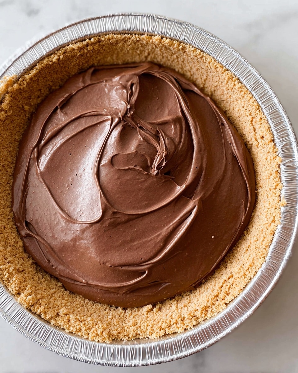 A close-up top view of a two-layer dessert in an aluminum pie tin placed on a white marbled surface. The first layer is a light brown crumb crust with a dry, crumbly texture lining the entire bottom and sides, showing small cracks. On top of this crust sits a thick, shiny, smooth chocolate mousse layer in the center, with gentle swirls and folds creating a soft, creamy appearance. Photo taken with an iphone --ar 4:5 --v 7