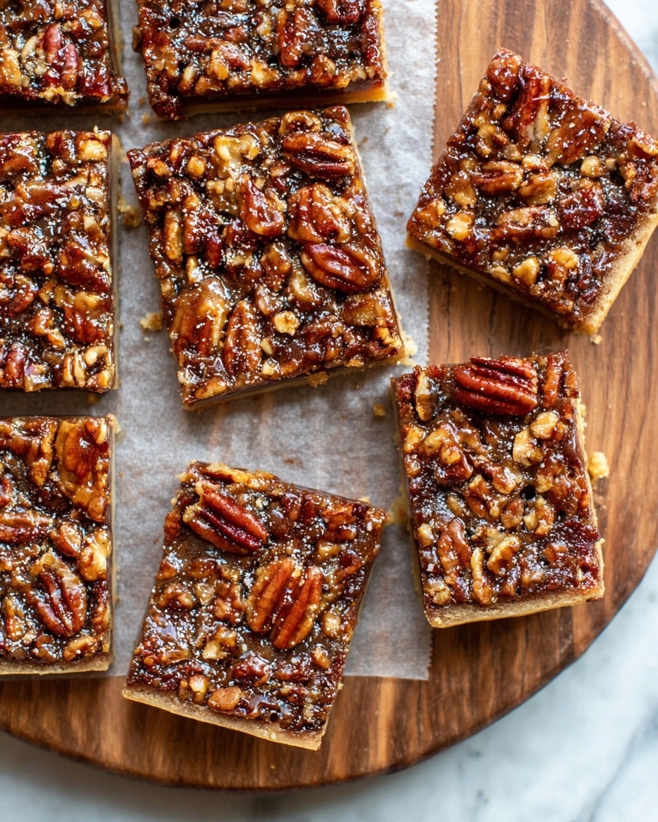 Squares of pecan pie bars are shown on a piece of parchment paper over a wooden round board. Each bar has two visible layers: a thin, light beige crust base and a thick, rich dark brown pecan filling on top dotted with whole and chopped pecans that give a rough, textured look. The pecans add warm brown and golden colors in a shiny, sticky glaze covering the surface. The bars are cut into squares with some edges clean and others a little uneven, showing the dense filling inside. The scene rests on a white marbled surface. Photo taken with an iphone --ar 4:5 --v 7