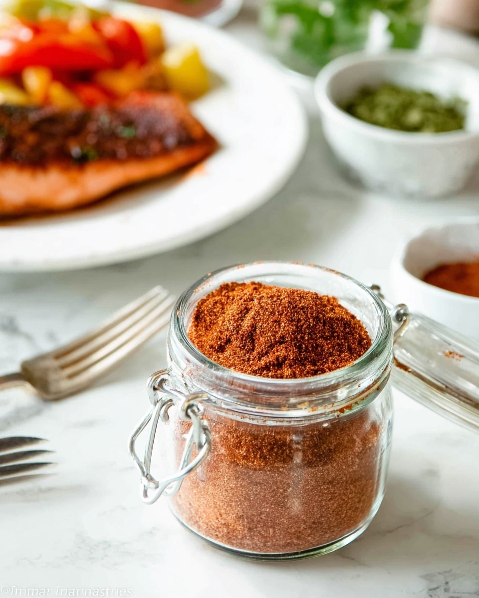 The image shows a clear glass jar with a metal clasp lid open to the side, filled to the top with a fine, reddish-brown spice powder that has a smooth, slightly uneven surface. Behind the jar, there is a white plate holding a piece of cooked meat with a brown crust and red-orange cooked vegetables next to it. The plate rests on a white marbled surface, with some blurred green herbs in small dishes in the background. A shiny fork is placed on the plate, near the food, and a woman's hand is gently resting nearby. The lighting is bright and natural, giving the whole scene a fresh and clean feel. photo taken with an iphone --ar 4:5 --v 7