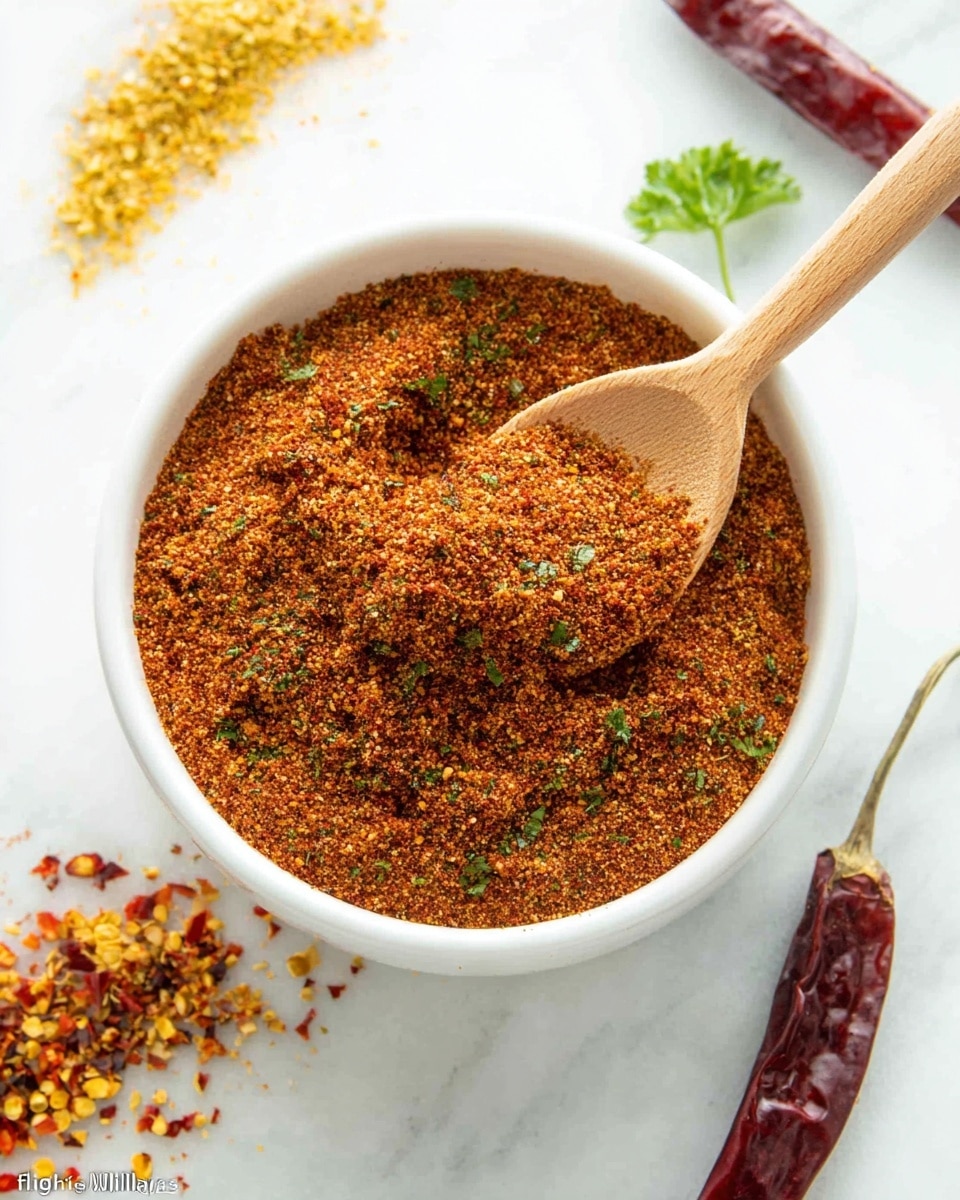 A white bowl filled with a coarse, brown-red spice mix dotted with bits of green herbs rests on a white marbled surface. A wooden spoon is placed inside the bowl, holding a scoop of the spice mix. To the right of the bowl lies a whole dried red chili pepper, and to the left are small piles of chopped yellow and green herbs and red chili flakes scattered on the white marbled surface. The scene is bright and clean, showing the rich textures and colors of the spices. photo taken with an iphone --ar 4:5 --v 7