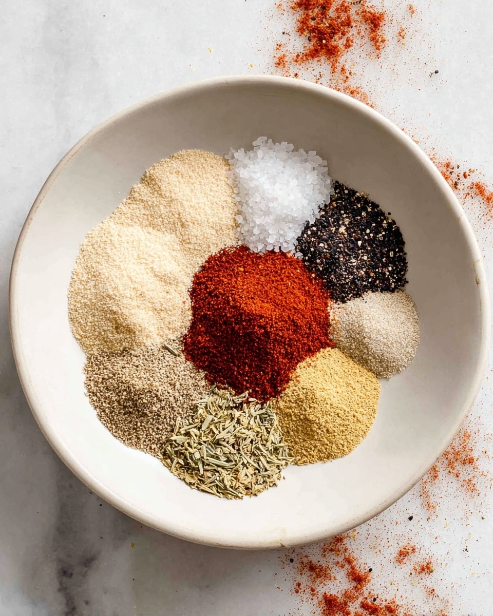 A white bowl contains six piles of spices arranged in a circle without touching. Starting from the top right and moving clockwise, the first pile is a fine, bright red powder with a slightly grainy texture. The second pile is light beige and finely ground, similar to powdered breadcrumbs. The third is coarse white salt with irregular crystals. The fourth is a mix of small black and white granules resembling cracked black pepper. The fifth pile has a mix of green and yellow dried herbs with a leafy texture. The last pile is finely ground light brown-yellow powder. The bowl sits on a white marbled surface with some red powder spilled near the bottom right. Photo taken with an iphone --ar 4:5 --v 7