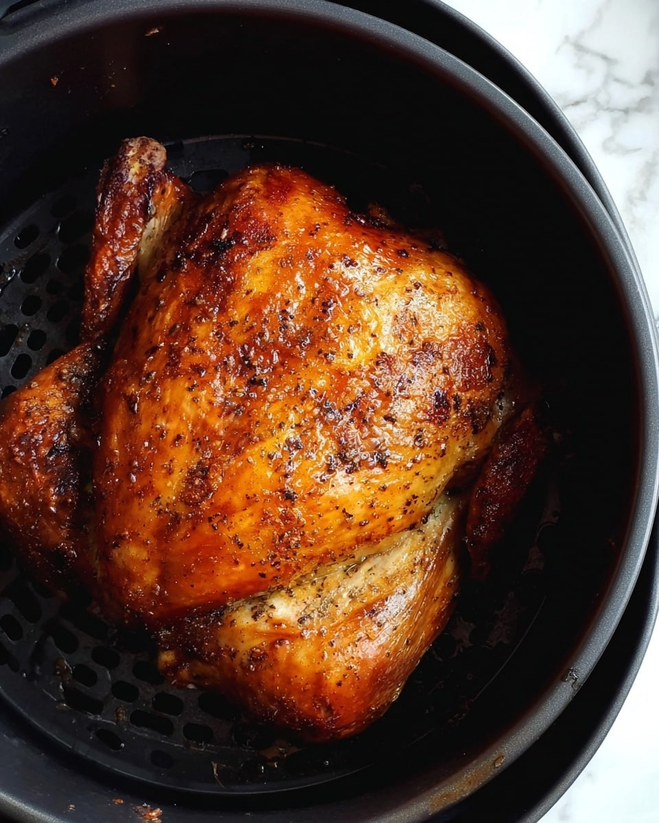 A single whole cooked chicken with a deep brown, crispy skin with specks of black seasoning is placed inside a round black air fryer basket with perforated holes visible beneath the chicken. The top surface of the chicken is shiny with a textured surface of roasted skin showing small bubbles and wrinkles. The background is a white marbled texture. Photo taken with an iphone --ar 4:5 --v 7
