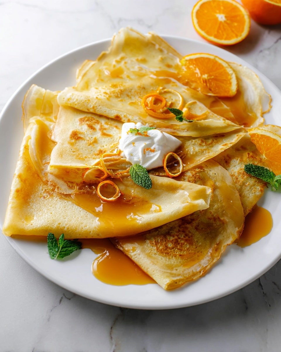 A white plate holds several thin, folded crepes in soft yellow with light brown spots, layered unevenly around the plate. The crepes are covered with a shiny, smooth orange sauce that pools softly on the plate. On top of one crepe, there is a dollop of white cream, adding a soft texture contrast. Thin orange peel curls are sprinkled around, along with small green mint leaves near the edges. Two orange slices are placed on one side of the plate, adding bright orange color and freshness. The plate sits on a white marbled surface with a soft, diffused light. photo taken with an iphone --ar 4:5 --v 7