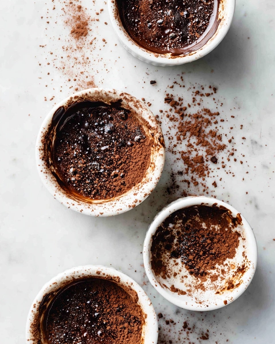 Four white ramekins are shown from above on a white marbled surface, each holding a small amount of dark brown melted chocolate with a slightly shiny and bubbly texture. The inside edges of the ramekins are smeared with chocolate residue, creating a messy look. Cocoa powder is scattered unevenly inside the ramekins and around them on the white marbled surface, with some clumps and fine dust visible. The ramekins are arranged diagonally from top left to bottom right in the image. photo taken with an iphone --ar 4:5 --v 7