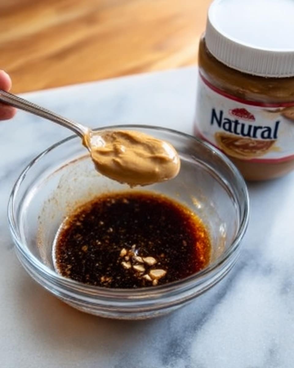A clear glass bowl holds a dark brown sauce mixed with light brown bits, placed on a white marbled surface. Above the bowl, a woman's hand holds a spoonful of creamy beige peanut butter close to the bowl, ready to be added to the sauce. To the right side of the bowl, there is a jar labeled