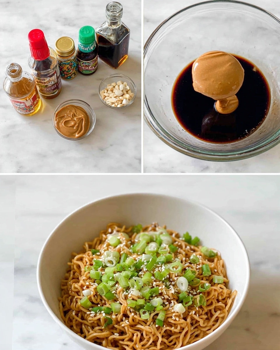 The image shows three parts: the first part displays six bottles and containers of ingredients on a white marbled surface, including sesame oil, honey, soy sauce, creamy peanut butter, minced garlic, and fresh ginger placed from left to right. The second part shows a clear glass mixing bowl with a dark liquid sauce at the bottom, with a light brown dollop of peanut butter being added inside the bowl. The third part shows a serving of cooked noodles in a white bowl on a white marbled surface, topped with chopped green onions and sprinkled with white sesame seeds, the noodles are light brown and curly with the toppings scattered evenly across. photo taken with an iphone --ar 4:5 --v 7