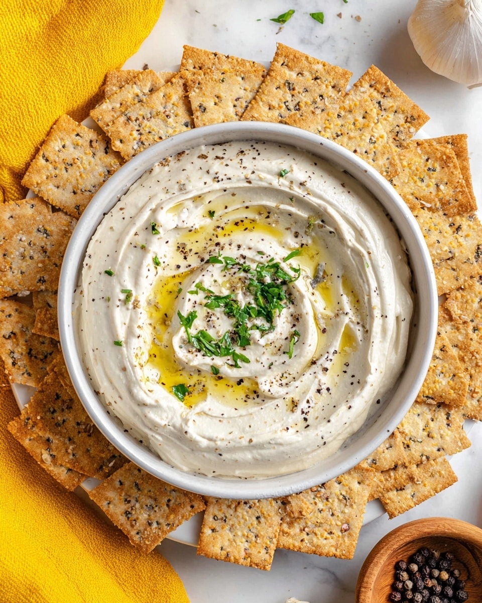A woman's hand holds a small, square seed cracker covered with a generous dollop of thick white dip speckled with black pepper and small green herb pieces; in the background, a white bowl filled with creamy white dip sits on a white marbled surface, with a splash of golden olive oil and scattered green herbs visible on the dip’s surface, creating a fresh and appetizing look photo taken with an iphone --ar 4:5 --v 7
