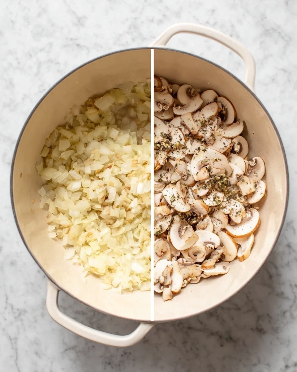 A white pot with a soft pale yellow inside holds finely chopped onions in a single layer at the bottom, lightly sautéed with a translucent texture. In the next frame, the same white pot now contains the onion layer underneath a heap of sliced light brown and white mushrooms, sprinkled with small black and green seasoning bits. The pot rests on a white marbled surface, and the overall colors are gentle and natural. photo taken with an iphone --ar 4:5 --v 7