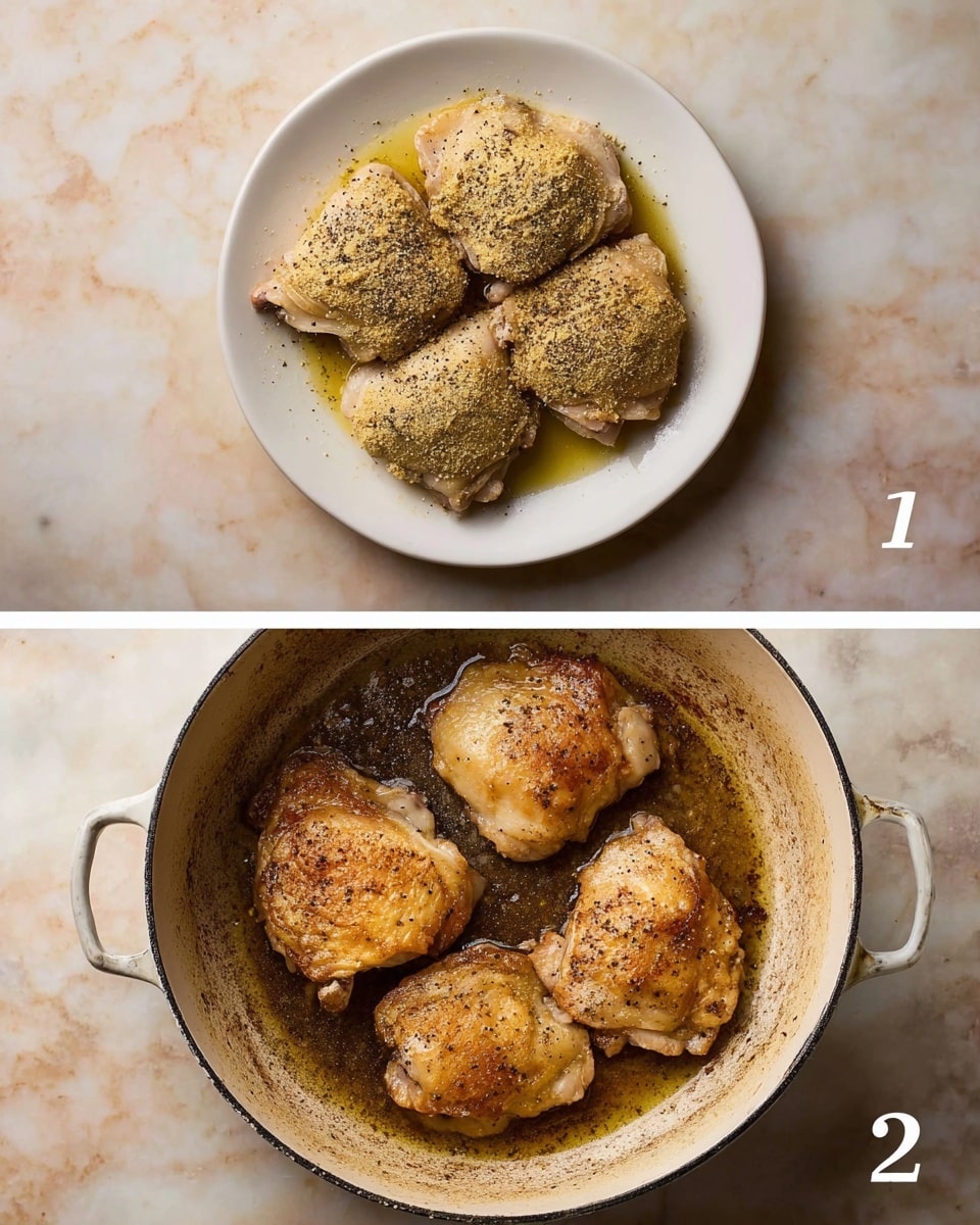 The left side shows a white plate holding six pieces of raw chicken thighs, each covered with a layer of yellow seasoning and sprinkled with black pepper, stacked closely together. The right side features a white cast iron pot with three golden-brown chicken thighs frying in oil, showing crispy, browned spots and a textured surface from cooking. The background in both images is a white marbled texture. photo taken with an iphone --ar 4:5 --v 7