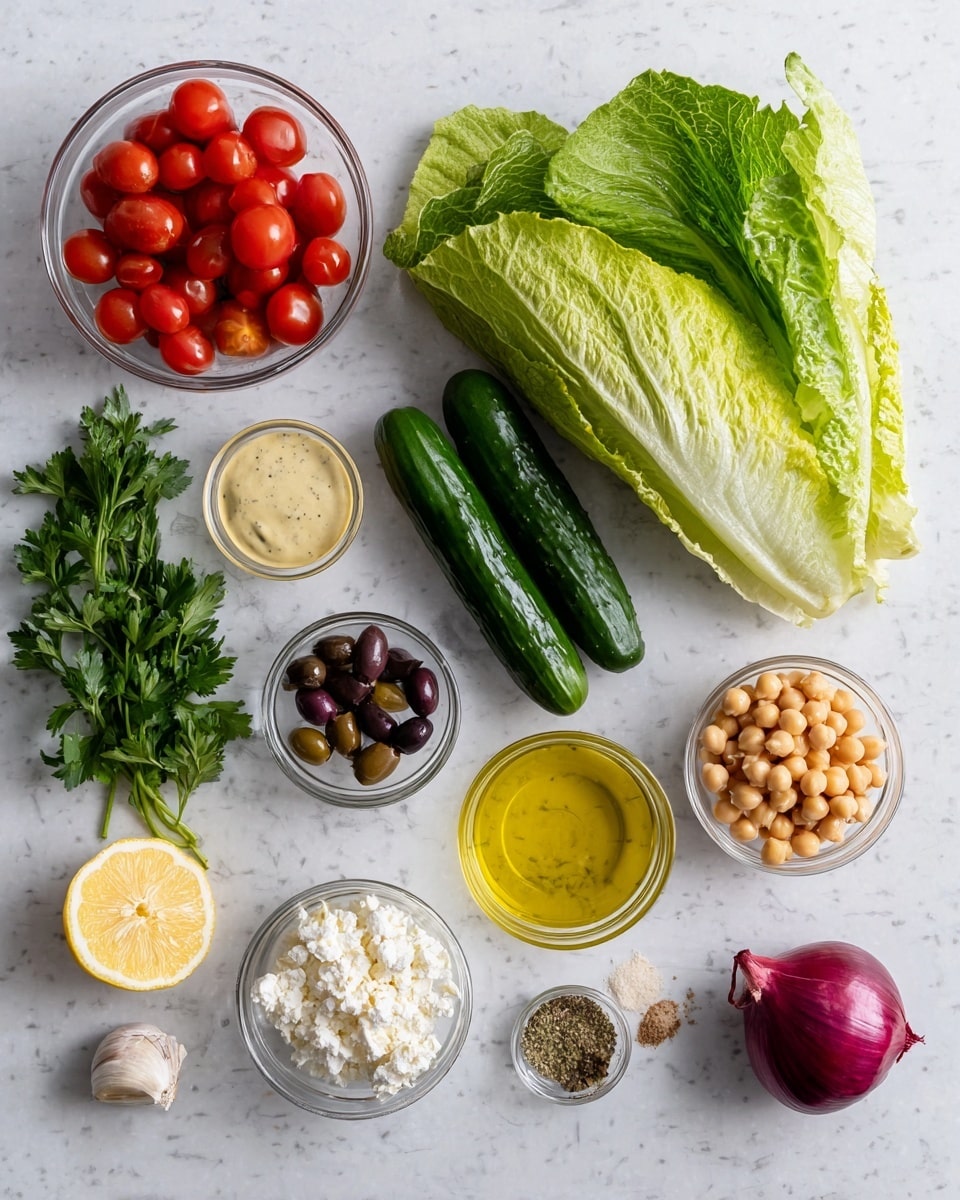 A top-down view of ingredients laid out on a white marbled surface includes a large green romaine lettuce on the right, three small dark green cucumbers stacked horizontally on the left, a small bunch of fresh green parsley near the center, and a small cluster of chickpeas in a clear glass bowl to the right of the parsley. There is a small clear glass bowl of shiny black olives below the chickpeas, a small clear glass bowl of white crumbled cheese below the cucumbers, and a slice of yellow lemon at the bottom left. Additionally, a small whole red onion is located near the top right, a garlic clove near the center top, a small dish of creamy mustard sauce, and a small clear bowl with mixed spices (black pepper, salt, and herbs) near the garlic and parsley cluster. A small glass container with golden olive oil is near the mustard sauce. A clear bowl filled with red grape tomatoes is on the top left side of the image. Photo taken with an iphone --ar 4:5 --v 7