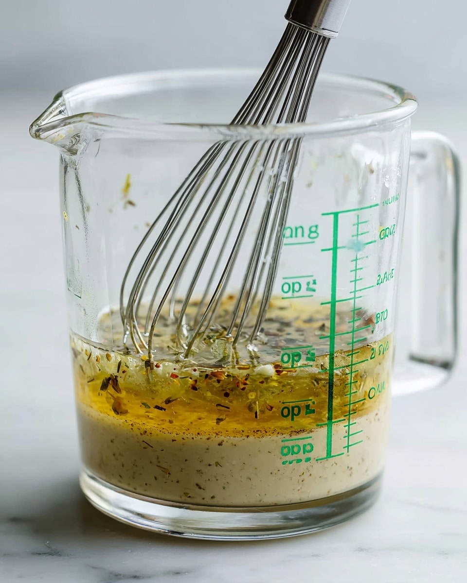 A transparent glass measuring cup holds three layers of ingredients being whisked. The bottom layer is thick and beige with some small dark specks. The middle layer is slightly thinner and light golden, with visible herbs and black pepper flakes scattered throughout. The top layer is a clearer golden liquid. A stainless steel whisk with thin wires is partially submerged upright in the mixture. The measuring cup has green measurement markings on its side showing volume in milliliters, ounces, cups, and pints. The cup is placed on a white marbled surface, and the background is softly blurred white. photo taken with an iphone --ar 4:5 --v 7