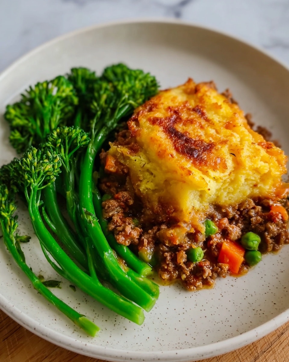 On a white plate with a slightly speckled texture, there is a serving of shepherd's pie and fresh green broccolini. The shepherd's pie has two clear layers: the bottom layer is a mix of brown ground meat with small pieces of orange carrot and green peas, creating a chunky texture, while the top layer is a golden-yellow mashed potato crust with a slightly browned, crispy surface. To the side of the shepherd's pie, bright green broccolini stalks with small florets lay flat, adding a fresh, vibrant detail to the plate. The plate rests on a white marbled surface, and the photo appears natural and well-lit. photo taken with an iphone --ar 4:5 --v 7