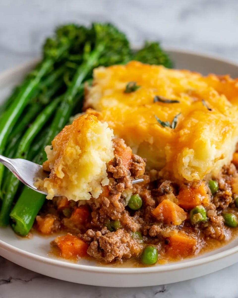 A white plate holds a layered dish with two visible layers: the bottom layer is a brown mixture of cooked ground meat with diced orange carrots and green peas, showing a slightly rough texture, while the top layer is a smooth, creamy yellow mashed potato crust with a golden-orange melted cheese topping that looks soft and slightly browned in areas; on the left side of the plate, there are bright green broccolini stalks arranged neatly, contrasting with the warm colors of the main dish. A metal fork is lifting some of the meat and potato layers. The dish is set on a white marbled surface. photo taken with an iphone --ar 4:5 --v 7