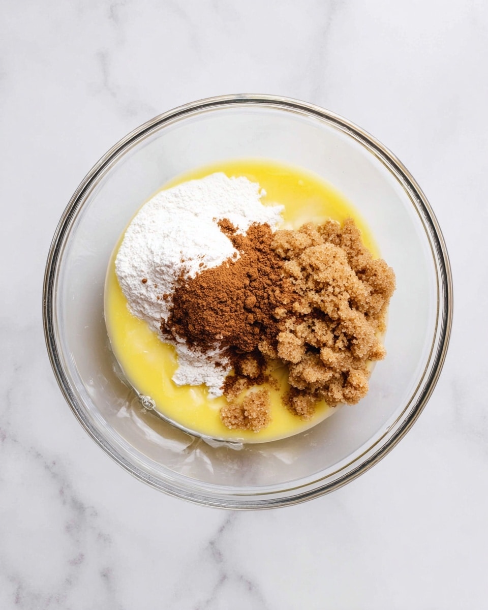 A clear glass bowl sits on a white marbled surface, filled with four unblended layers of ingredients. At the base is a yellow melted butter layer, slightly shiny and smooth. On top, to the left, is a mound of white flour, dry and powdery. Overlapping part of the flour is a medium-sized pile of powdered brown cinnamon with a fine texture. To the right of these ingredients is a clumpy mound of light brown sugar with a soft, grainy look. The overall mix shows contrast between the wet yellow base and the dry, different shades of brown and white ingredients above. photo taken with an iphone --ar 4:5 --v 7