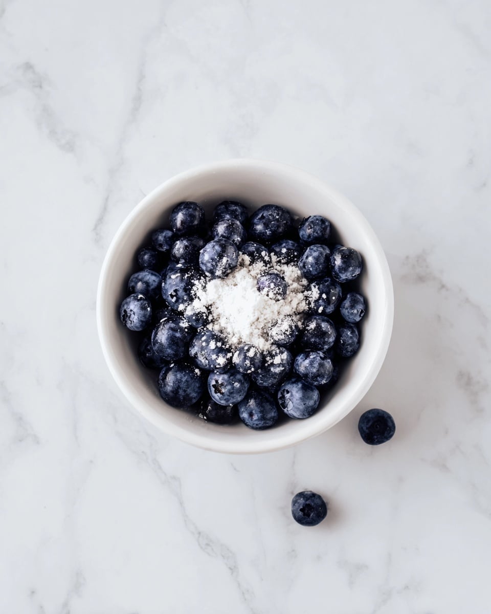 A white bowl sits on a white marbled surface, filled with one layer of dark blue blueberries. On top of the blueberries, there is a small pile of white powder, lightly dusting some berries around the edges. The colors contrast clearly with the deep blue of the blueberries and the bright white of the powder and bowl. Photo taken with an iphone --ar 4:5 --v 7