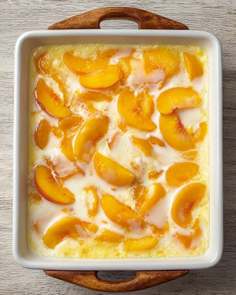 A series of images shows a white rectangular baking dish with two small handles, placed on a white marbled surface. The first image displays the dish filled with melted yellow butter with a thin layer of light batter poured over it, spreading mostly around the edges with a swirl pattern in the middle. The second image shows the same dish with layers of bright yellow peach slices and syrup poured evenly over the butter and batter mix, creating a wet, glossy surface. The third image presents the dish after baking, featuring a golden-brown crust on top with slightly darker edges and visible peach pieces peeking through the baked batter. The last close-up image reveals a textured surface with soft golden baked batter interspersed with bright yellow peach chunks, showing a moist and rich interior. Photo taken with an iphone --ar 4:5 --v 7