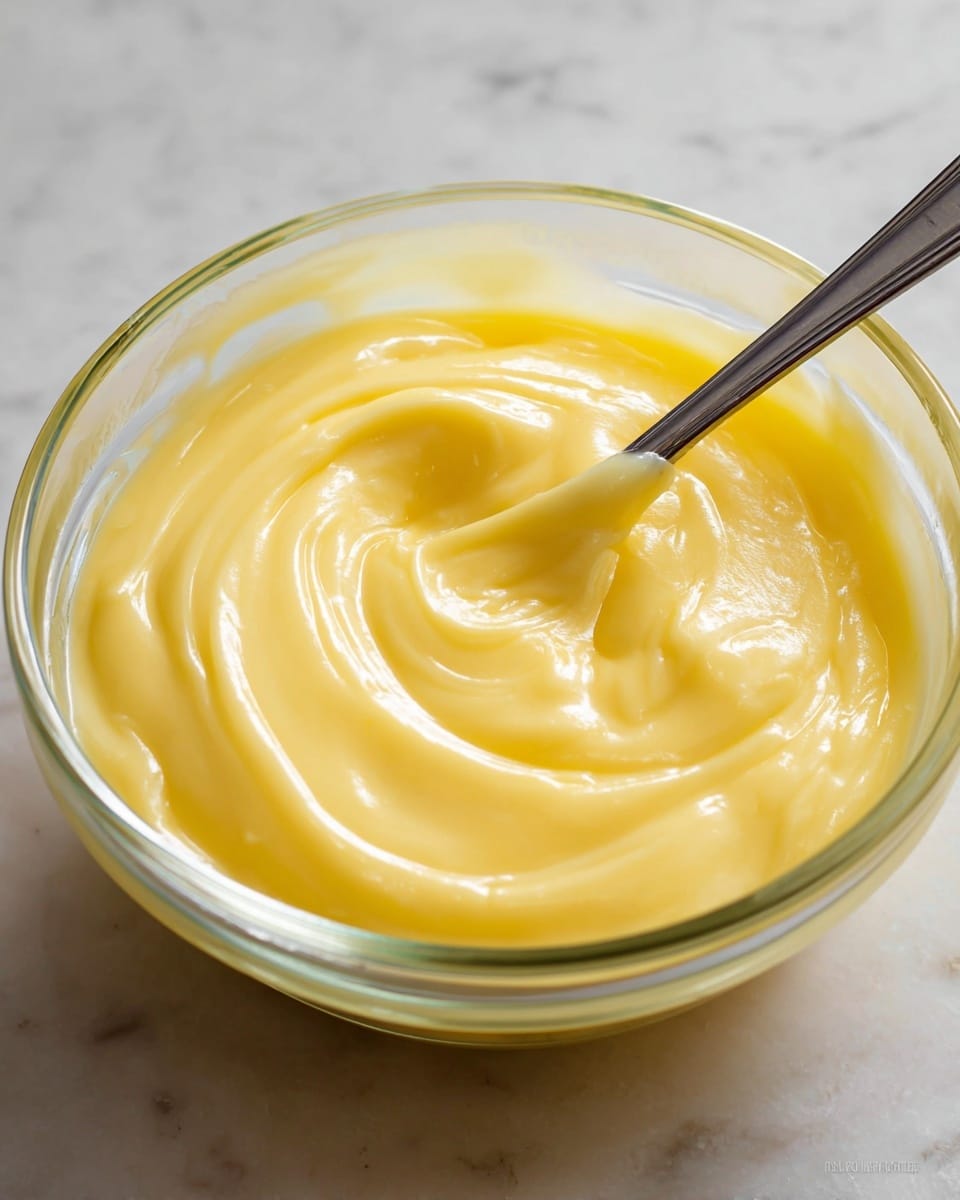 A close-up view of a clear glass bowl filled with smooth, creamy yellow custard. The custard has a glossy texture with swirls on the surface created by a spoon resting inside the bowl. The bowl sits on a white marbled surface. The custard looks thick and rich, showing fine details of the swirled creamy texture. photo taken with an iphone --ar 4:5 --v 7