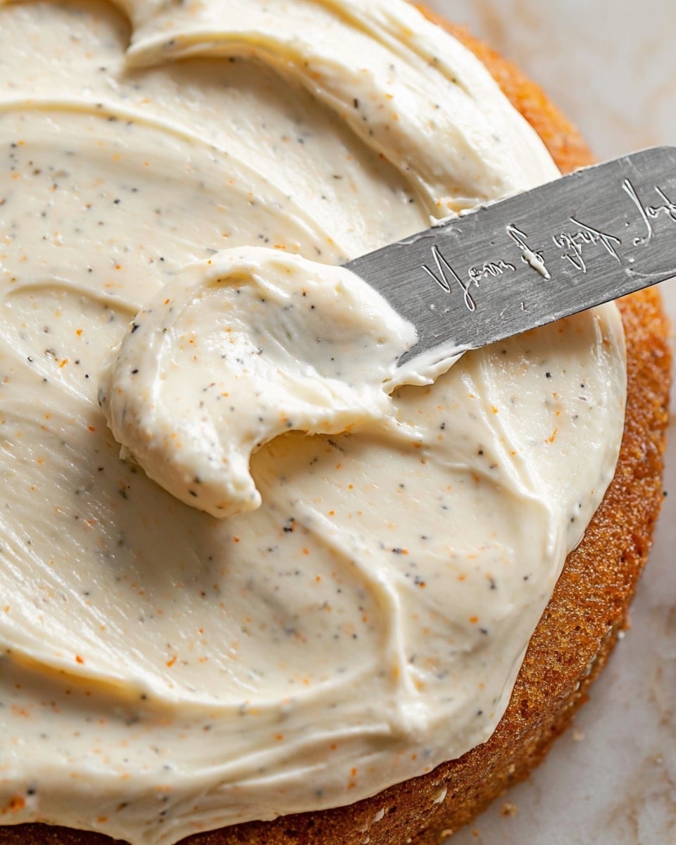 A close-up view of a thick, creamy white frosting being spread with a silver knife that has text written on it. The frosting has small black and orange specks, giving it a textured look, and it is evenly spread over a rough, brown cake layer underneath. The frosting is spread in a smooth, round shape with visible soft folds at the edges. The background is a white marbled texture. Photo taken with an iphone --ar 4:5 --v 7
