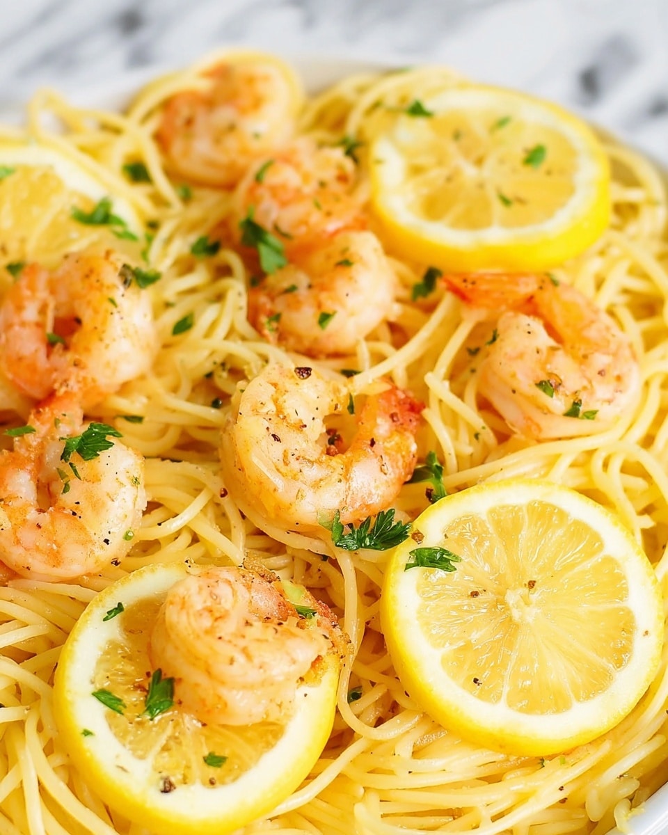 A close-up view of a white plate filled with a bed of long, thin, yellow spaghetti noodles as the base layer. On top, several pinkish-orange cooked shrimp with a slight shine are spread evenly, some showing a curled shape. Bright yellow lemon slices with juicy, translucent pulp and a few black pepper specks are scattered throughout. Small green parsley leaves are sprinkled on top, adding a fresh pop of color. The background shows a smooth white marbled texture. photo taken with an iphone --ar 4:5 --v 7