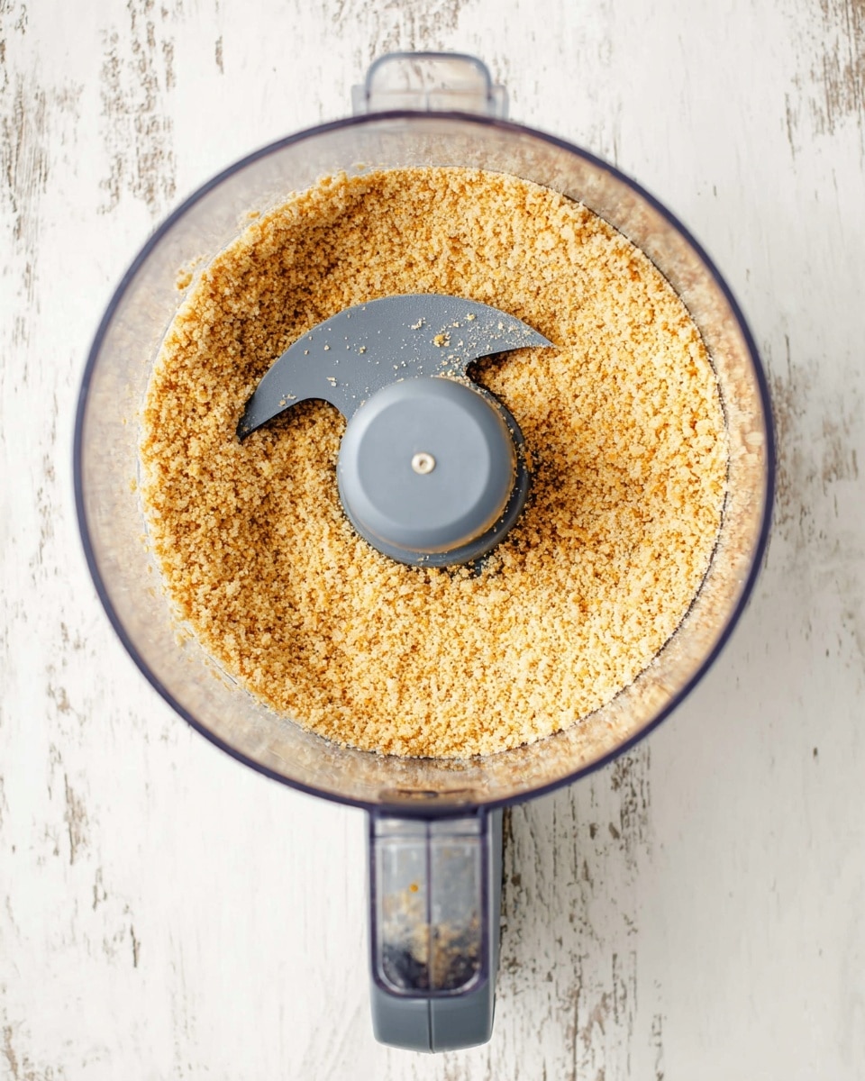 A clear food processor bowl with a grey blade inside holds finely ground golden brown crumbs that have a slightly coarse texture, resting evenly in the bottom half of the bowl. The food processor is placed on a white marbled surface, which adds brightness to the scene. The handle of the food processor is visible at the bottom of the image, showing a slightly worn look. Photo taken with an iphone --ar 4:5 --v 7