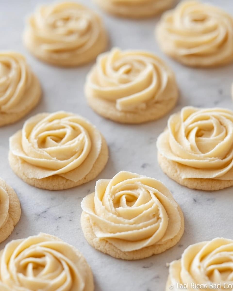 The image shows multiple round cookies arranged neatly on a sheet of parchment paper over a white marbled surface. Each cookie has one layer of pale yellow cookie dough formed into a delicate swirling rose shape with detailed, defined petals that create a soft, textured look. The cookies are evenly spaced in neat rows, and the overall appearance is clean and simple, emphasizing the smooth, creamy texture of the dough and the gentle curves of the layered swirls. Photo taken with an iphone --ar 4:5 --v 7