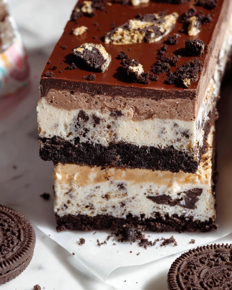 A close-up of a layered dessert bar showing three main layers: the bottom layer is dark and crumbly like crushed cookies, the middle layer is a creamy mix of light brown and white with chunks of dark cookie pieces embedded, and the top layer is a smooth, shiny dark chocolate sheet with small cookie crumbs and pieces scattered on it. The dessert bar is placed on white parchment paper on a white marbled surface, with some round chocolate sandwich cookies nearby. Photo taken with an iphone --ar 4:5 --v 7