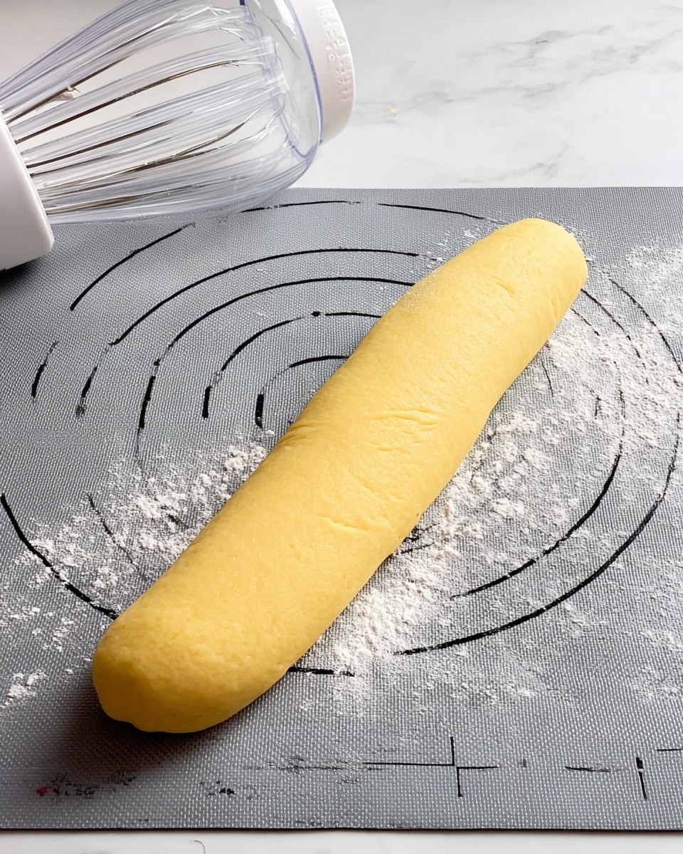 A single long piece of yellow dough is rolled into a smooth log shape placed on a gray silicone mat marked with black concentric circles and measurement lines. Light white dusting of flour is scattered around the dough. On the top left corner, a clear plastic whisk cup with white lid is partially visible resting on the mat. The molding looks soft and slightly shiny under natural light. The whole scene is on a white marbled surface. photo taken with an iphone --ar 4:5 --v 7