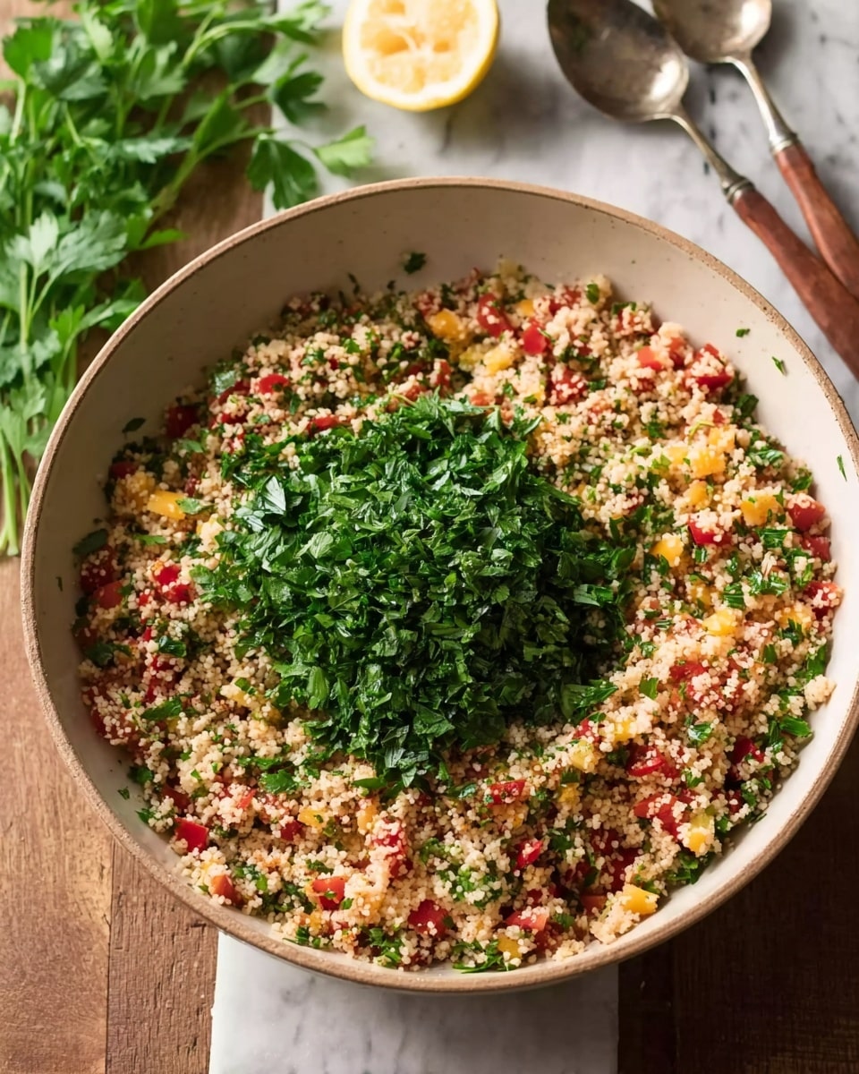 A white bowl filled with a colorful mixture of finely chopped vegetables and grains takes up most of the frame. The base layer is made of small beige couscous grains mixed with bits of red and yellow bell peppers and small green herbs scattered throughout. On top, in the center, there is a thick pile of finely chopped dark green parsley leaves. The bowl sits on a white marbled surface, and behind it, there are two spoons with silver heads and wooden handles resting above a halved lemon, and some fresh green herb sprigs are partly visible on the left side. Photo taken with an iphone --ar 4:5 --v 7