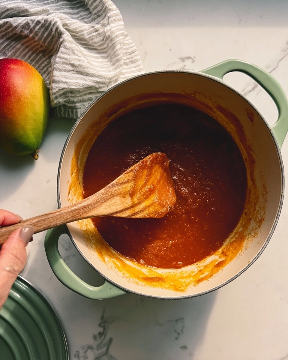 A woman's hand is holding a wooden spatula stirring a thick reddish-brown sauce with oily patches in a light green pot with two handles. The pot is placed on a white marbled surface. In the upper left corner, there is a striped cloth and part of a mango with red and green skin. The lighting is soft, showing the smooth texture of the sauce and the wooden spatula clearly. Photo taken with an iphone --ar 4:5 --v 7