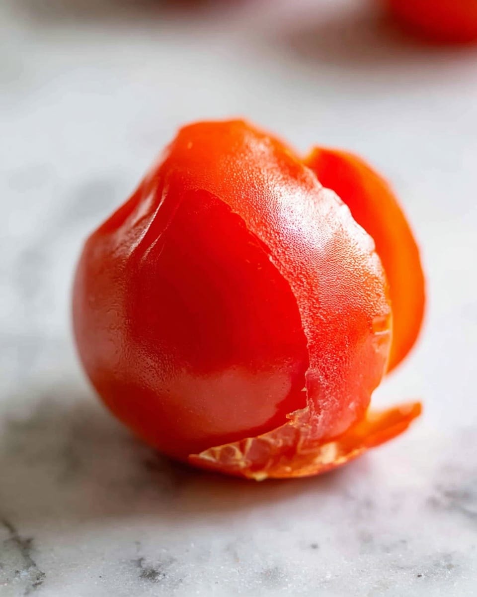 The image shows a single peeled tomato resting on a white marbled surface. The tomato's bright red flesh is smooth and shiny, with a few natural creases and textures visible. Around its base, the peeled skin curls outward in small sections, revealing a slightly darker red interior. The focus is on the tomato in the foreground, while the background is softly blurred. photo taken with an iphone --ar 4:5 --v 7