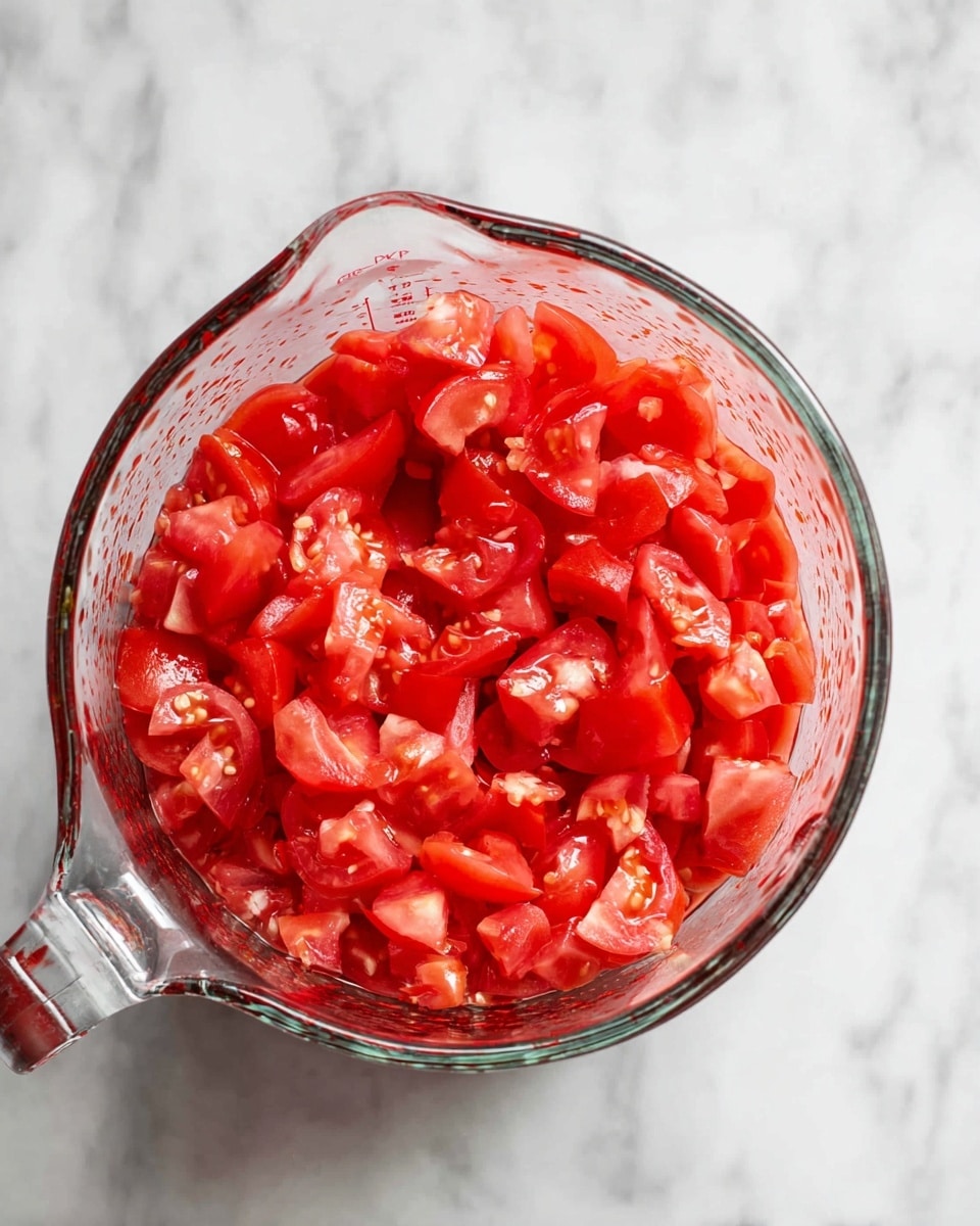 A clear glass measuring cup holds a single layer of chopped ripe tomatoes, bright red with a mix of soft and firm textures, showing some natural juices pooling at the bottom. The measuring cup’s clear handle is visible on the right side, and the vivid red tomatoes fill it nearly to the top. The cup sits on a white marbled surface that enhances the freshness of the tomatoes. photo taken with an iphone --ar 4:5 --v 7