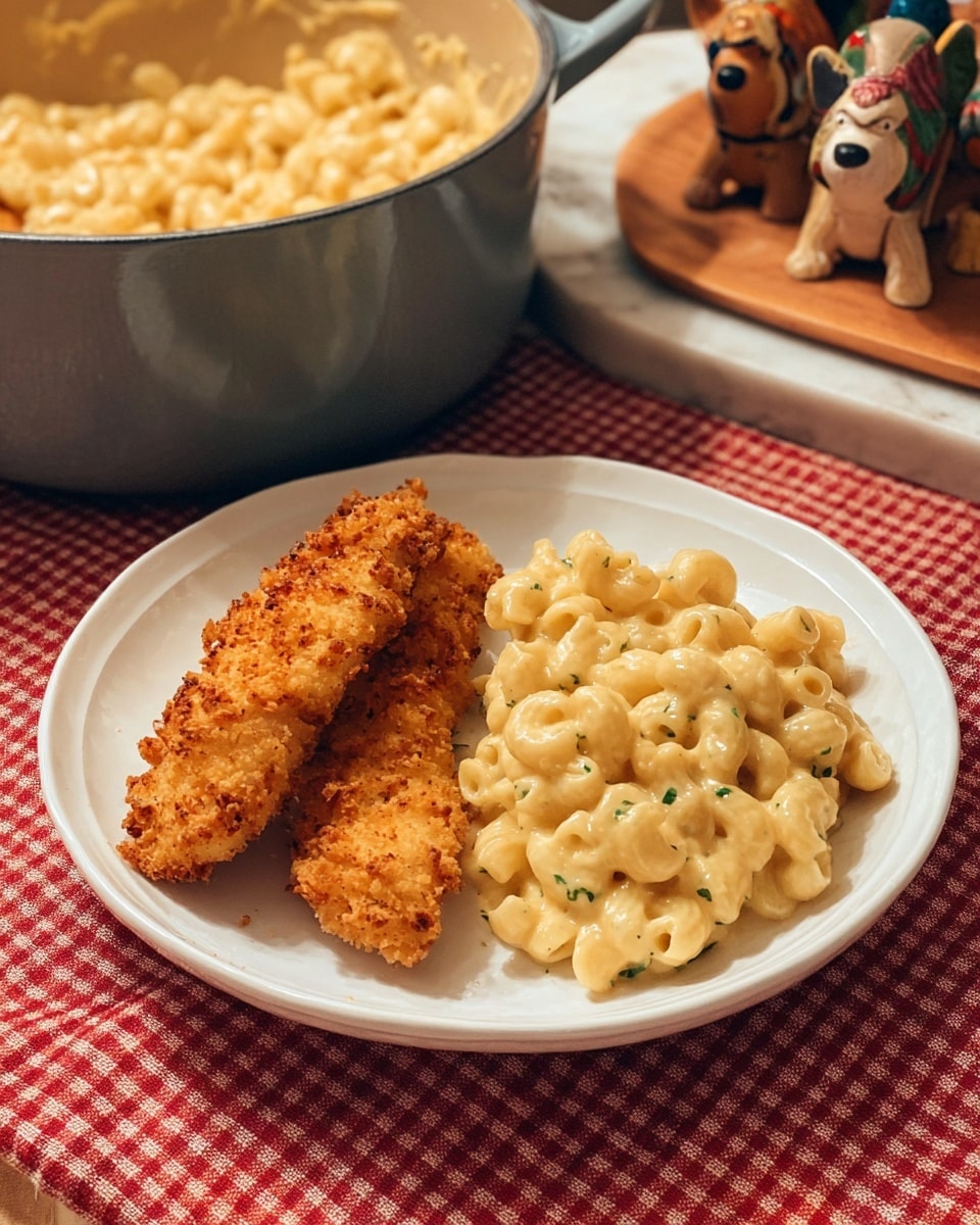 A white plate with two crispy, golden-brown fried chicken strips placed on the left side, with a creamy, light yellow macaroni and cheese with small pasta shaped like loops, on the right side. The pasta is smooth and slightly mixed with green herbs. The plate sits on a red and white checkered cloth, and next to it is a gray pot filled with more macaroni and cheese. The background shows a warm wooden board with small decorative animal figures on a white marbled surface. Photo taken with an iphone --ar 4:5 --v 7