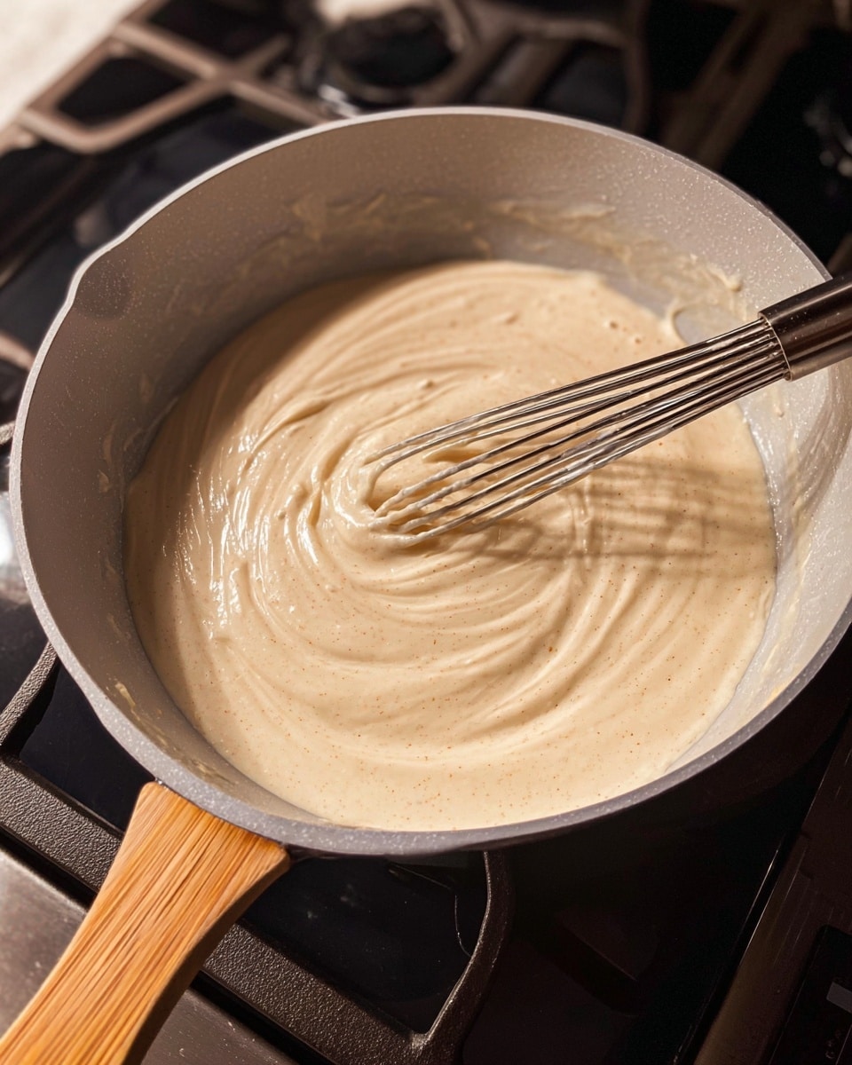 A close-up view of a creamy, light beige sauce with a smooth and slightly thick texture inside a light gray cooking pot with a wooden handle, set on a stove with black grates. A dark whisk coated lightly with the sauce rests on the right side of the pot, blending the mixture. The background shows the stove with a hint of metallic and black elements but avoids focus. The scene is lit warmly, highlighting the creamy texture and soft swirls of the sauce inside the pot photo taken with an iphone --ar 4:5 --v 7