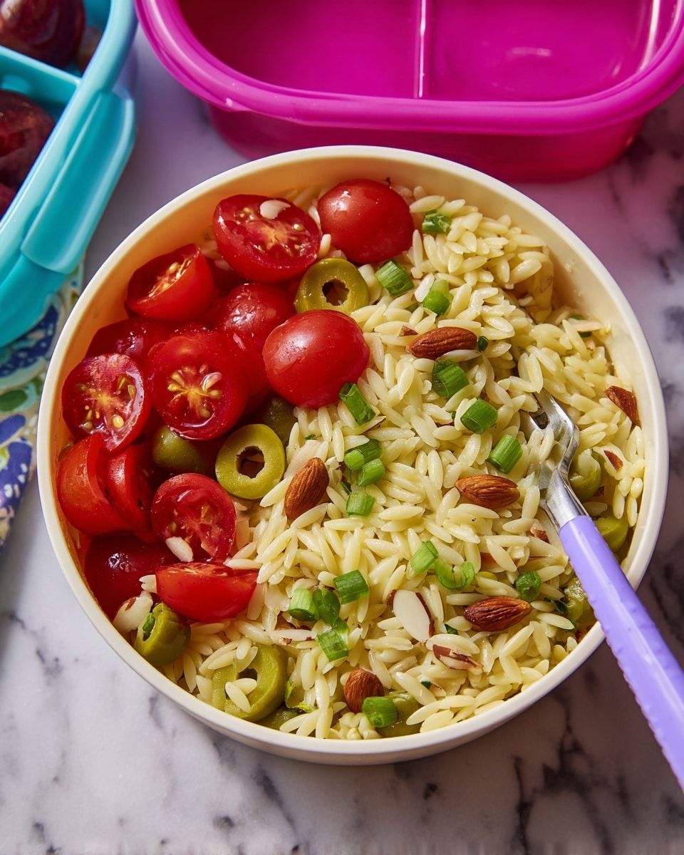 A close-up view of a white bowl filled with a three-layer dish. The first layer shows small rice-like orzo pasta in a pale yellow color. The second layer is mixed evenly with bright red, halved cherry tomatoes and sliced green olives. The third layer has small slices of brown almond pieces and chopped green onions scattered on top. A lavender-handled fork is partly inside the bowl on the right side. The bowl rests on a white marbled surface with parts of two pink and light blue lunch containers in the background. Photo taken with an iphone --ar 4:5 --v 7