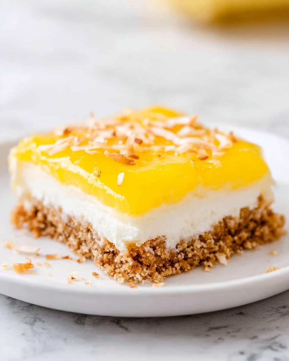 A square-shaped dessert bar is shown on a white plate placed on a white marbled surface. The dessert has three layers from bottom to top: the bottom layer is a crumbly, golden-brown crust made of crushed cookies or graham crackers; the middle layer is a creamy off-white filling with a smooth texture; the top layer is a bright, glossy yellow lemon curd that looks shiny and thick. Some small toasted coconut flakes are scattered lightly on the top layer and the plate. Photo taken with an iphone --ar 4:5 --v 7