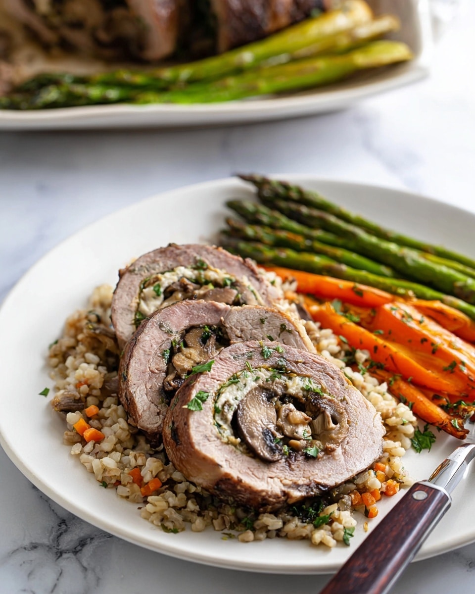 A white plate holds two thick slices of rolled meat stuffed with a creamy mushroom filling, showing layers of browned outer meat and tender pink inside with bits of green herbs on top. Underneath is a bed of grainy light brown rice mixed with small pieces of orange carrots. On the right side of the plate, there are bright orange cooked carrots and green asparagus spears arranged neatly. A fork with a dark wooden handle rests on the edge of the plate. In the blurred background, more asparagus and other roasted vegetables sit in a white dish on a white marbled surface. Photo taken with an iphone --ar 4:5 --v 7