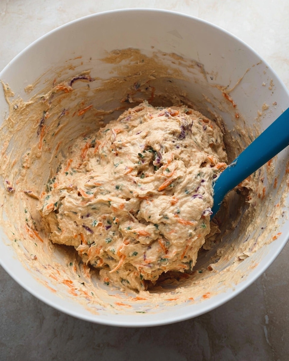 In a large white bowl, there is a thick, creamy mixture with a beige base color, speckled with small pieces of shredded orange carrot, green herbs, and bits of purple cabbage or onion, creating a colorful, textured appearance. A blue spatula is partially buried in the mixture, with some of the mixture sticking to its surface. The bowl shows some residue of the mix along its sides, indicating the mixture has been stirred well. The whole setup is placed on a white marbled surface. photo taken with an iphone --ar 4:5 --v 7