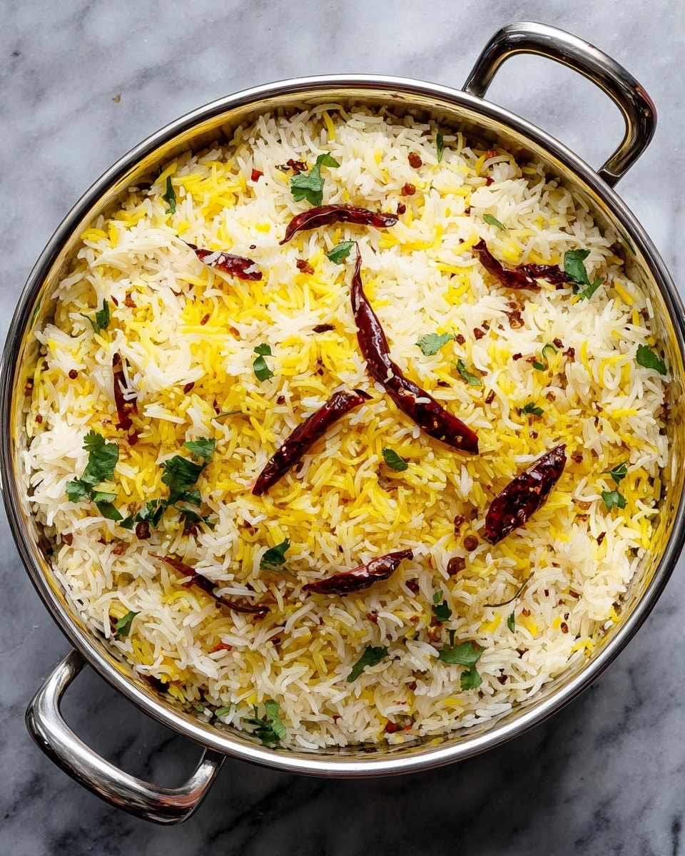A large silver pot filled with two layers of long grain rice, the bottom layer is white fluffy rice mixed evenly with yellow rice, scattered with small green herb leaves and thin dark red dried chilies on top. The rice has a light, soft texture with pieces of small brown spices visible throughout. The pot is placed on a white marbled surface, and the pot’s shiny handles are clearly shown on both sides. The overall look is colorful with a mix of white, yellow, green, and red. photo taken with an iphone --ar 4:5 --v 7