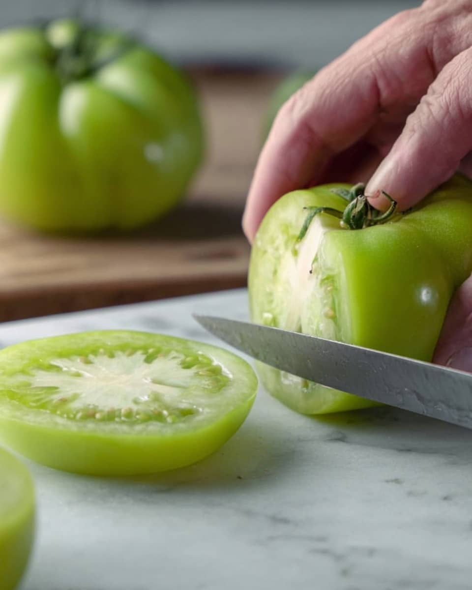 A close-up image shows a woman's hand holding a bright green tomato while a knife slices into it on a white marbled surface. The tomato is thick and has a smooth, shiny texture with pale green seeds visible inside. One slice lies flat on the surface next to the tomato, showing its juicy interior. Another whole green tomato is in the background. Photo taken with an iphone --ar 4:5 --v 7